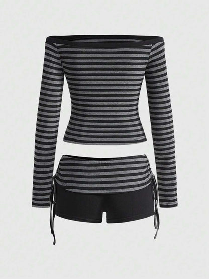 Bachina – Top manches longues à épaules dénudées et culottes (entièrement rayé comme le haut)