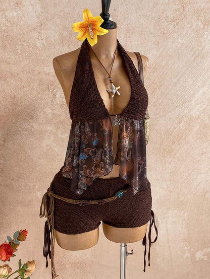 Soleia – Ensemble top ajusté dos nu et shorts taille basse avec cordon de serrage