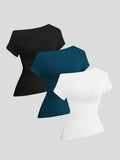 Sweetra – Lot de 3 t-shirts asymétrique en coton avec coupe décontractée et design moderne