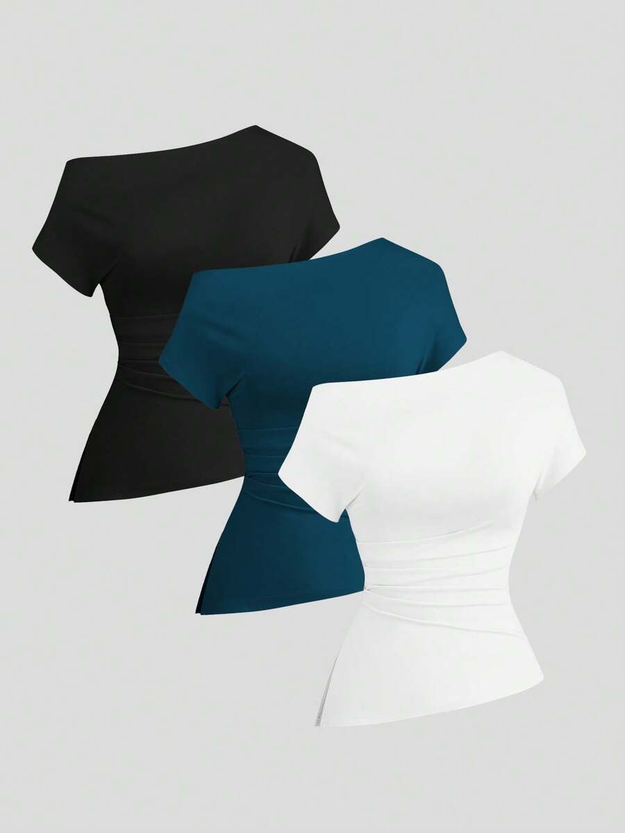 Sweetra – Lot de 3 t-shirts asymétrique en coton avec coupe décontractée et design moderne