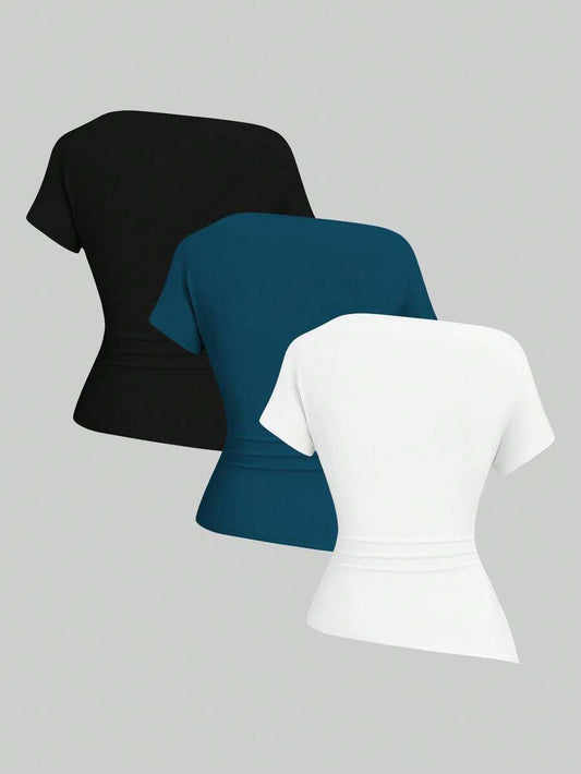 Sweetra – Lot de 3 t-shirts asymétrique en coton avec coupe décontractée et design moderne