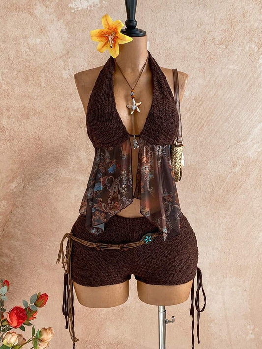 Soleia – Ensemble top ajusté dos nu et shorts taille basse avec cordon de serrage
