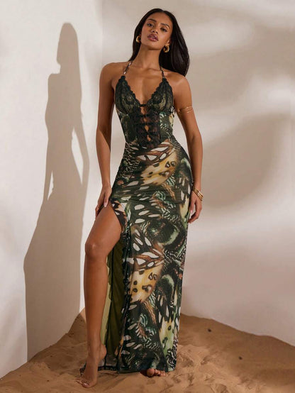 Opulessa – Robe ajustée à volants avec décolleté ras-du-cou et dos nu