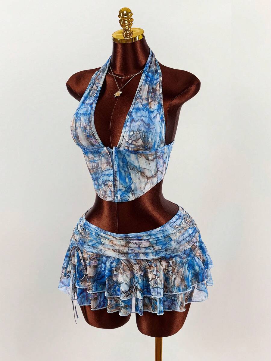 Amplova – Ensemble 2 pièces top ras-du-cou et mini-jupe ultra taille basse
