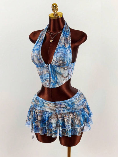 Amplova – Ensemble 2 pièces top ras-du-cou et mini-jupe ultra taille basse