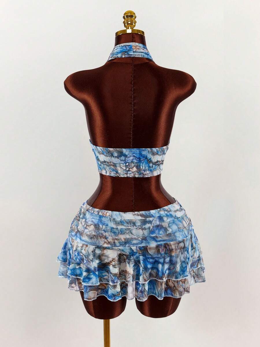 Amplova – Ensemble 2 pièces top ras-du-cou et mini-jupe ultra taille basse