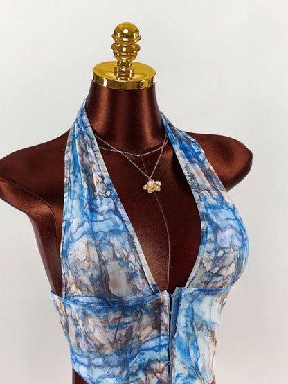 Amplova – Ensemble 2 pièces top ras-du-cou et mini-jupe ultra taille basse