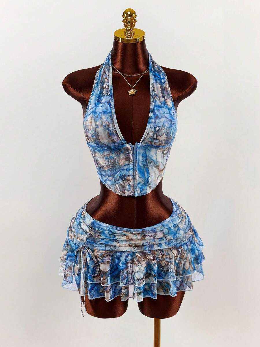 Amplova – Ensemble 2 pièces top ras-du-cou et mini-jupe ultra taille basse