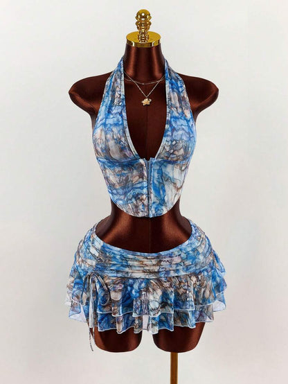 Amplova – Ensemble 2 pièces top ras-du-cou et mini-jupe ultra taille basse