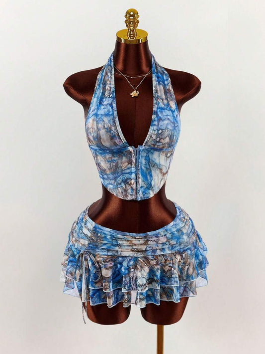 Amplova – Ensemble 2 pièces top ras-du-cou et mini-jupe ultra taille basse