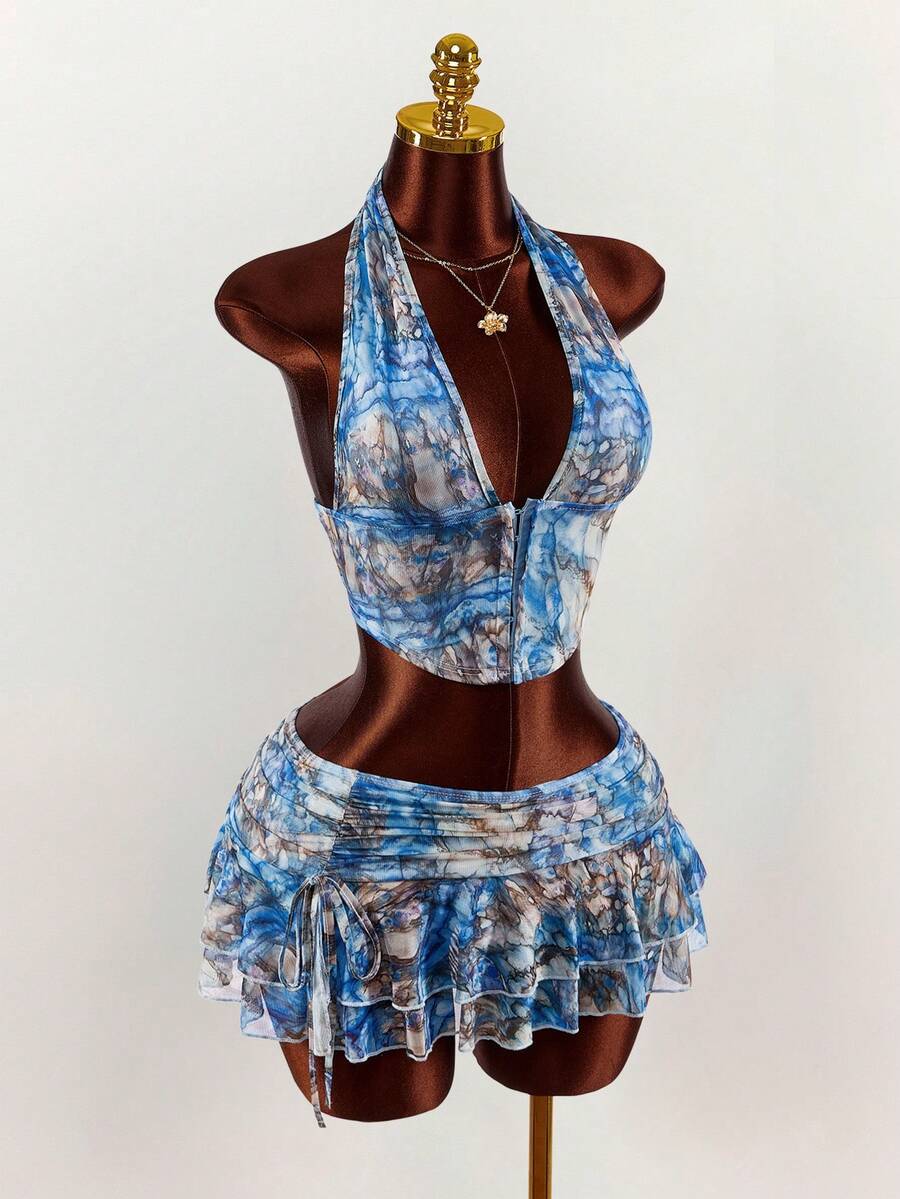 Amplova – Ensemble 2 pièces top ras-du-cou et mini-jupe ultra taille basse