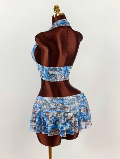 Amplova – Ensemble 2 pièces top ras-du-cou et mini-jupe ultra taille basse