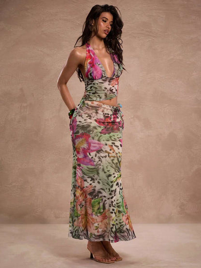 SHEIN BAE – Ensemble femme top court à dos nu avec nœud et jupe sirène imprimée