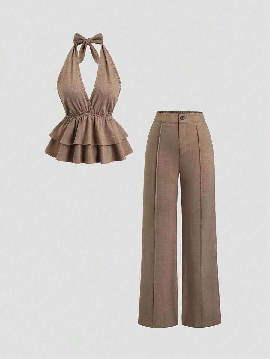 Sweetra Petite – Ensemble 2 pièces avec top dos nu et pantalon évasé décontracté