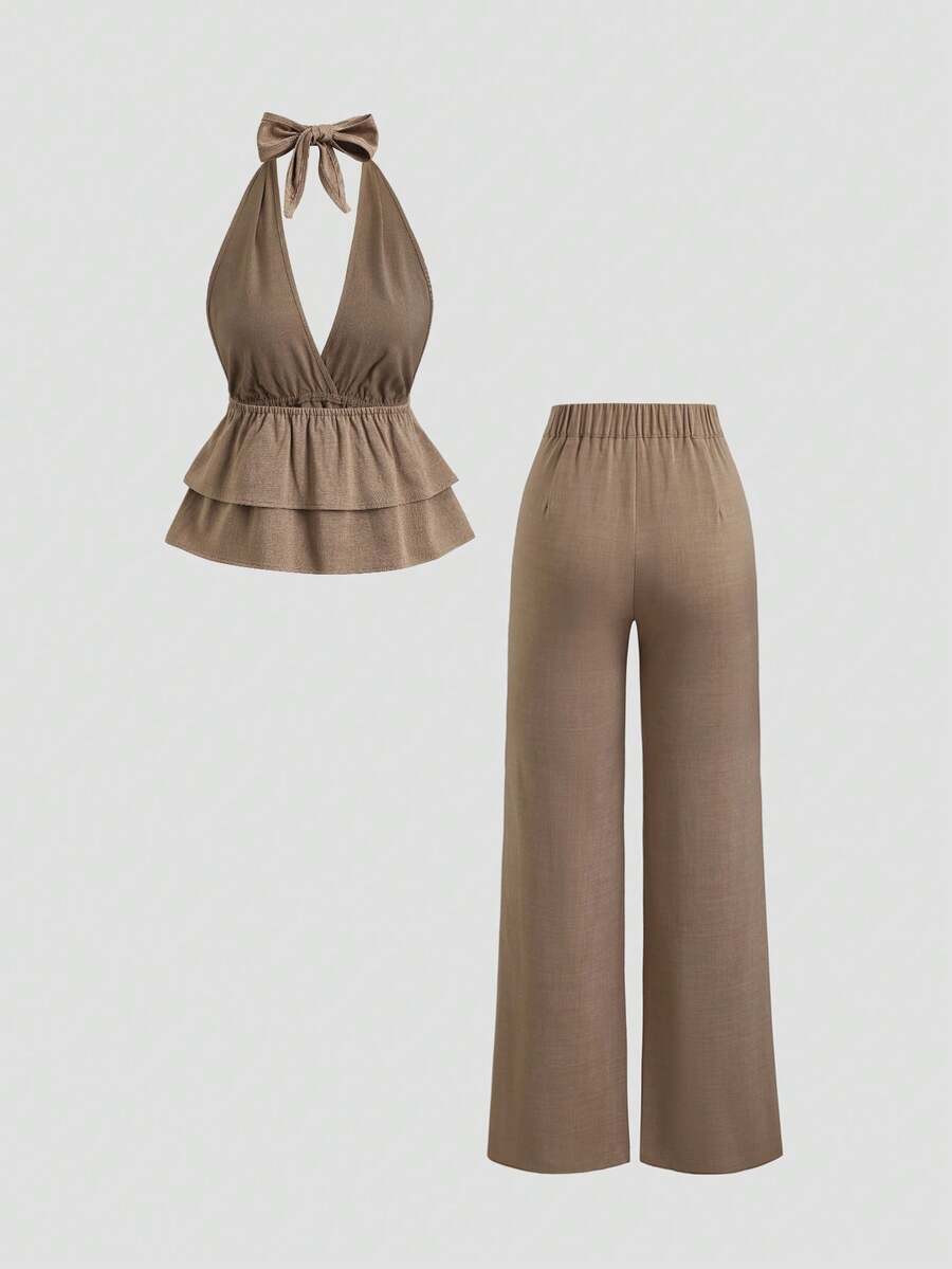 Sweetra Petite – Ensemble 2 pièces avec top dos nu et pantalon évasé décontracté