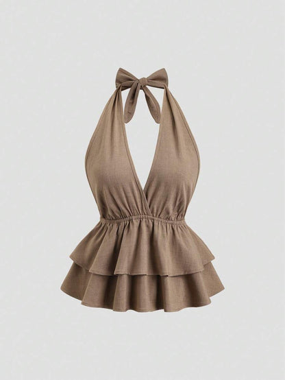 Sweetra Petite – Ensemble 2 pièces avec top dos nu et pantalon évasé décontracté