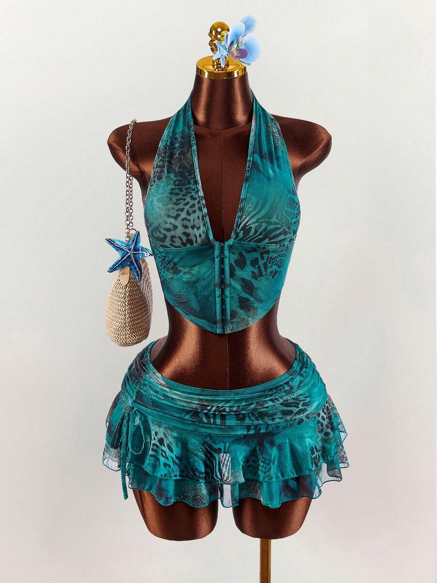Amplova – Ensemble 2 pièces top ras-du-cou et mini-jupe ultra taille basse