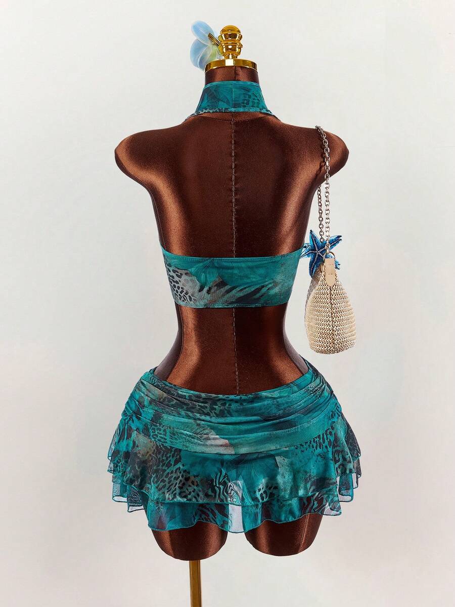 Amplova – Ensemble 2 pièces top ras-du-cou et mini-jupe ultra taille basse