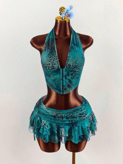 Amplova – Ensemble 2 pièces top ras-du-cou et mini-jupe ultra taille basse
