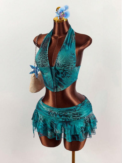 Amplova – Ensemble 2 pièces top ras-du-cou et mini-jupe ultra taille basse
