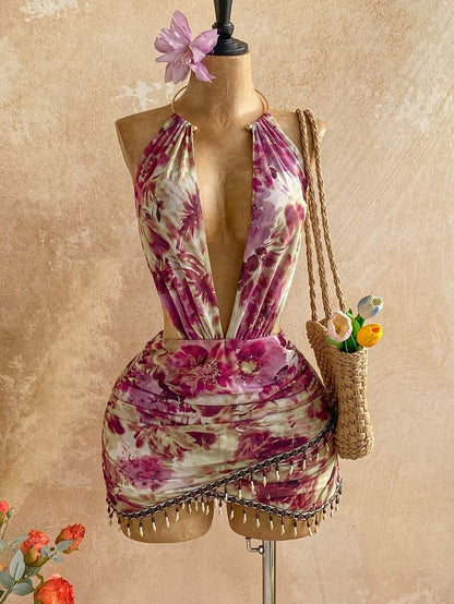 Sixtylia – Robe mini moulante en maille à perles et encolure plongeante