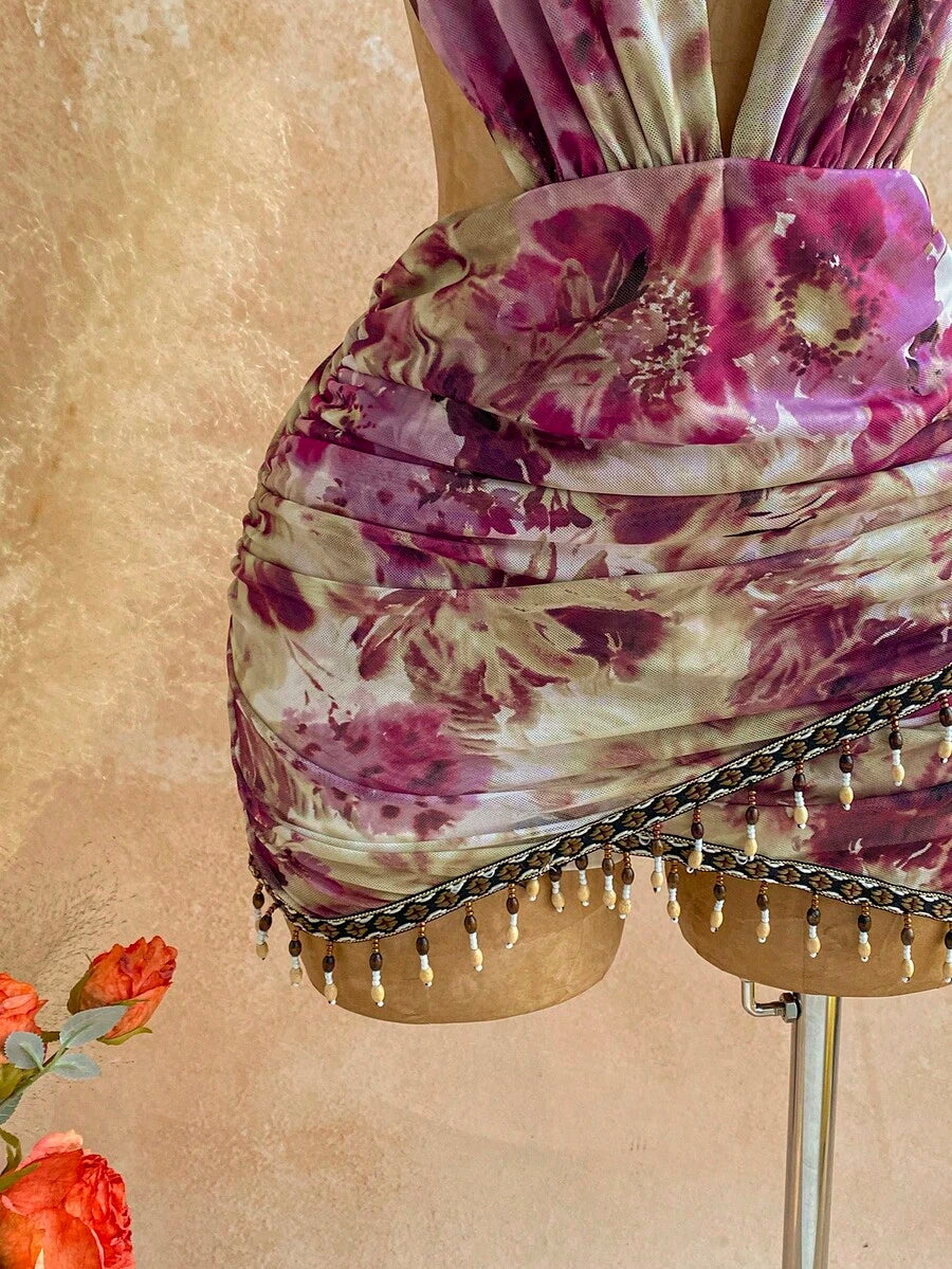 Sixtylia – Robe mini moulante en maille à perles et encolure plongeante