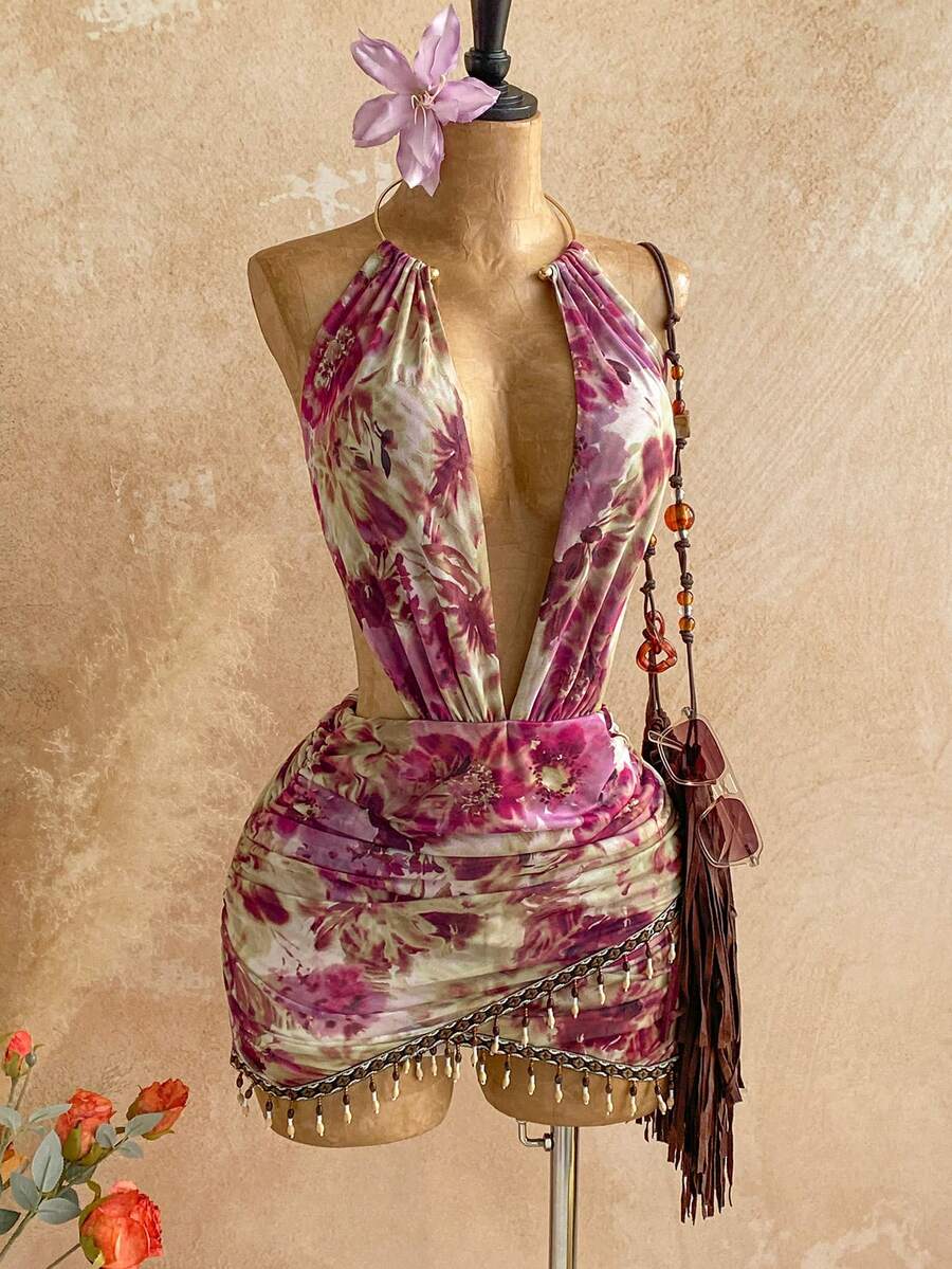 Sixtylia – Robe mini moulante en maille à perles et encolure plongeante