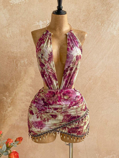 Sixtylia – Robe mini moulante en maille à perles et encolure plongeante