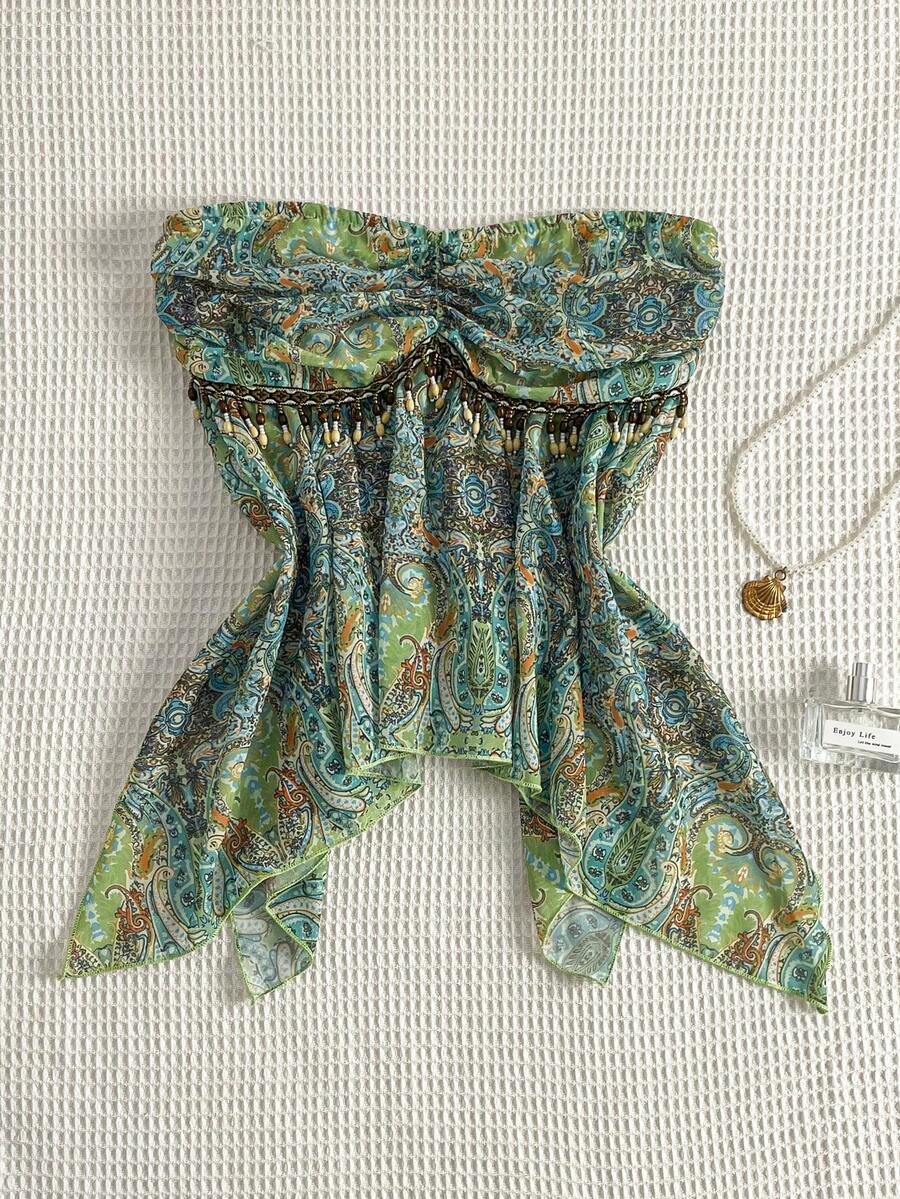 Flirla – Blouse en chiffon à lien taille unique et ourlet asymétrique