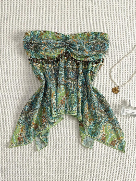 Flirla – Blouse en chiffon à lien taille unique et ourlet asymétrique
