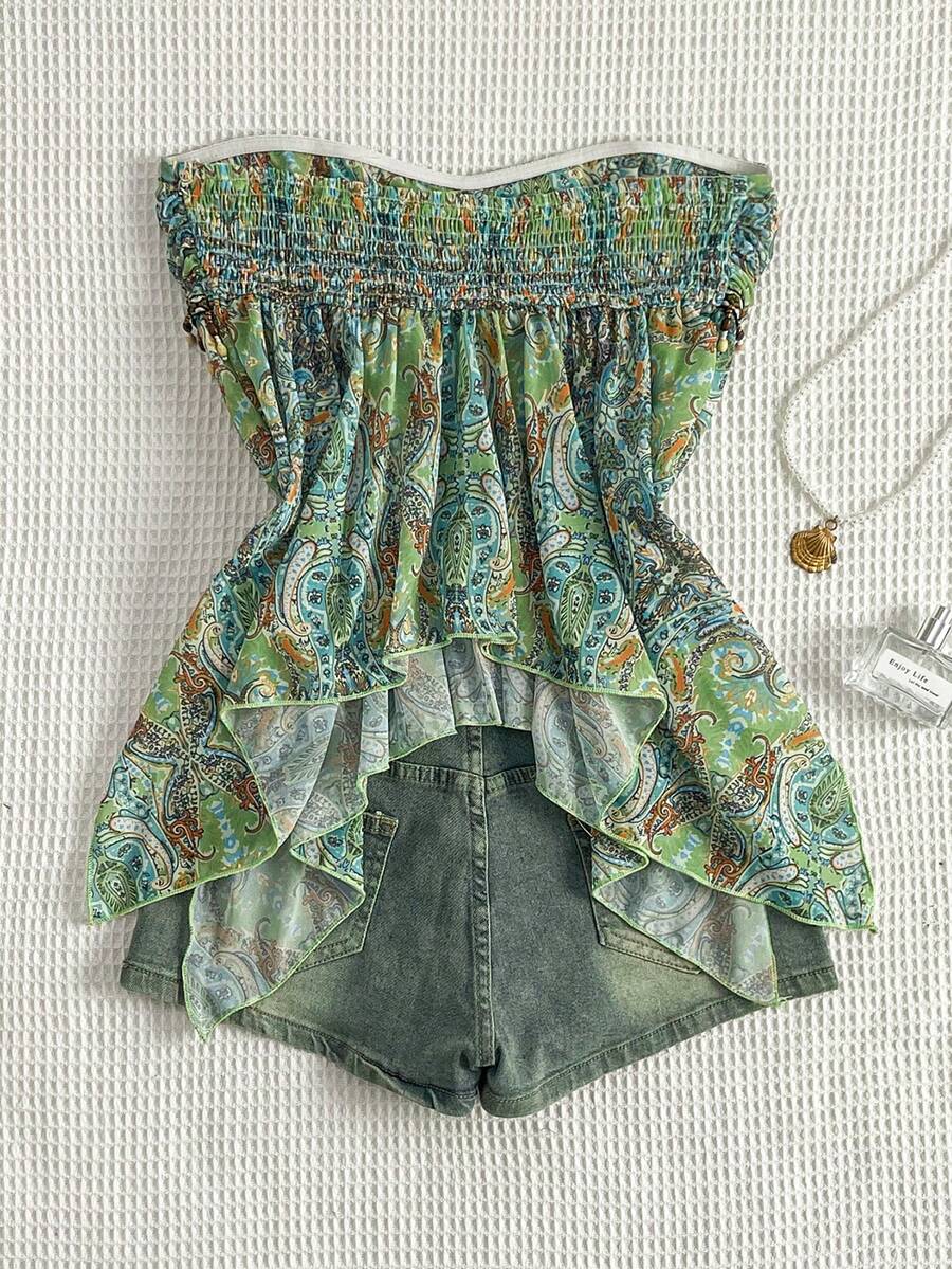 Flirla – Blouse en chiffon à lien taille unique et ourlet asymétrique