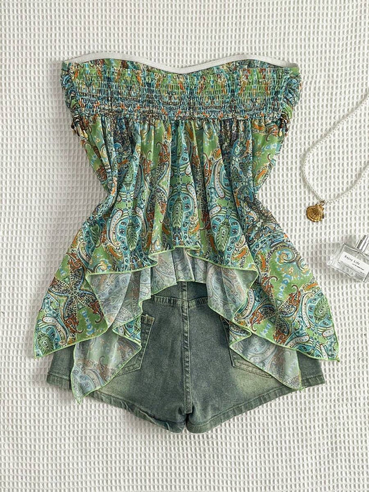Flirla – Blouse en chiffon à lien taille unique et ourlet asymétrique