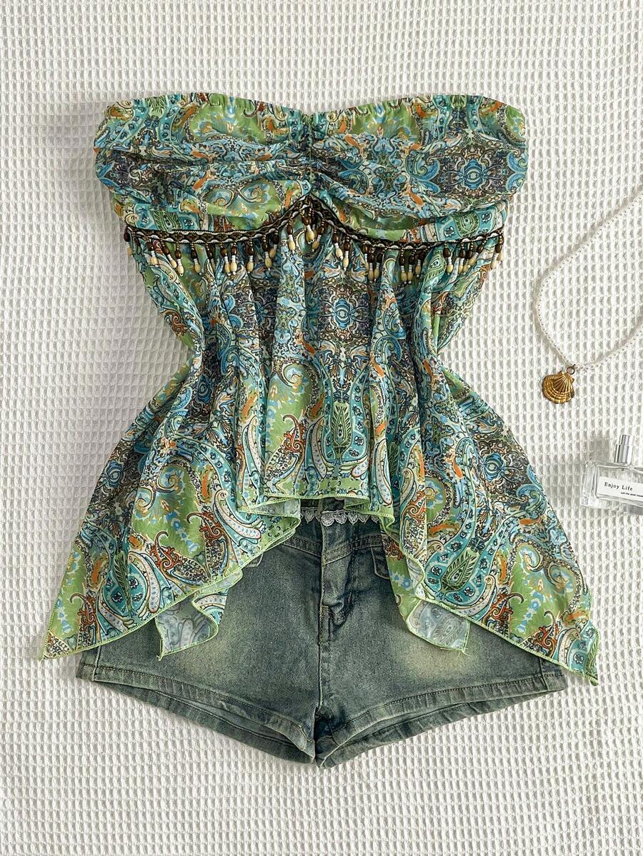 Flirla – Blouse en chiffon à lien taille unique et ourlet asymétrique