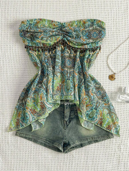 Flirla – Blouse en chiffon à lien taille unique et ourlet asymétrique