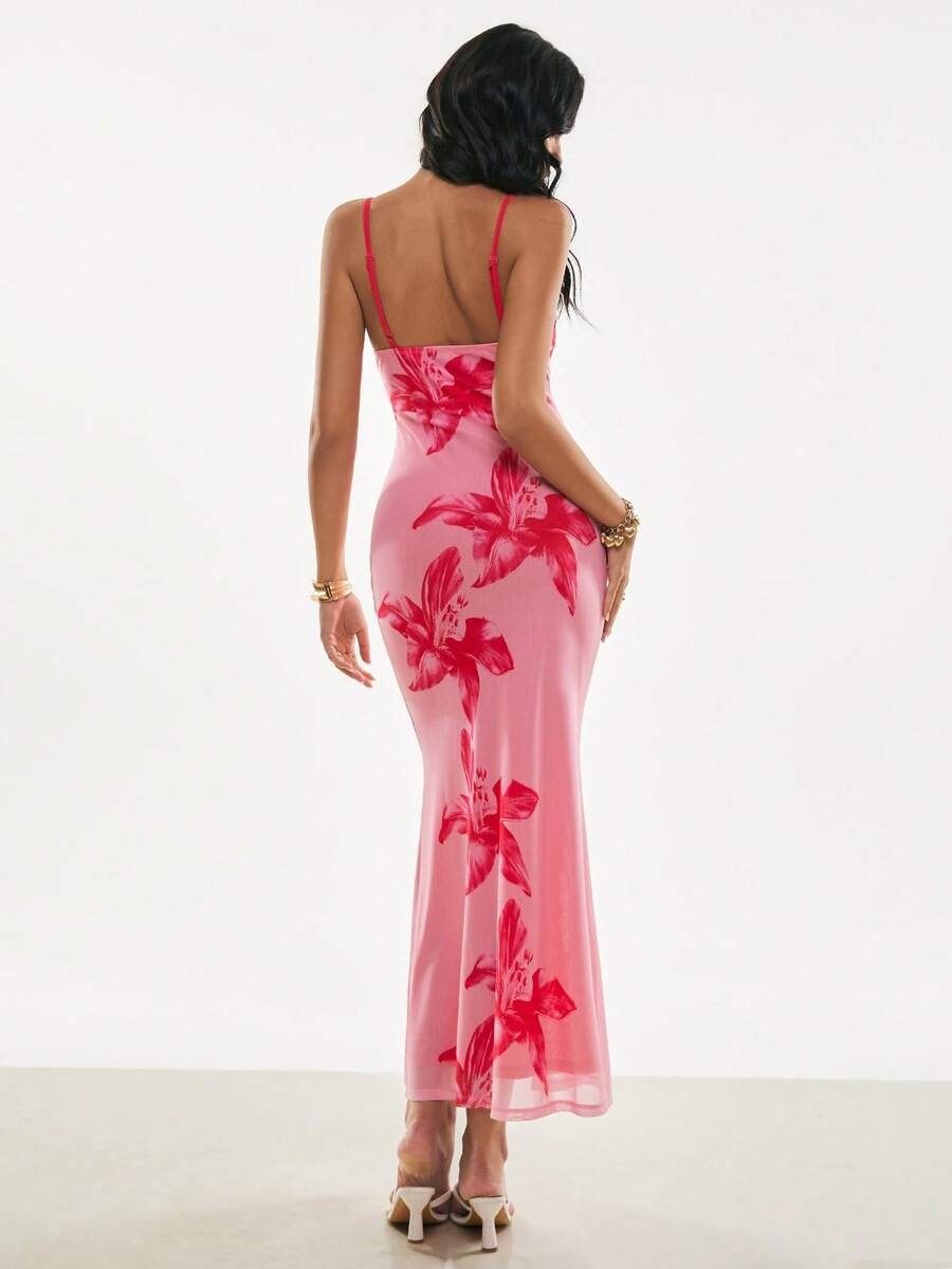 Poéselle – Robe ajustée à imprimé floral en polyester avec décolleté en V