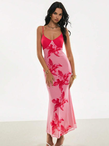 Poéselle – Robe ajustée à imprimé floral en polyester avec décolleté en V