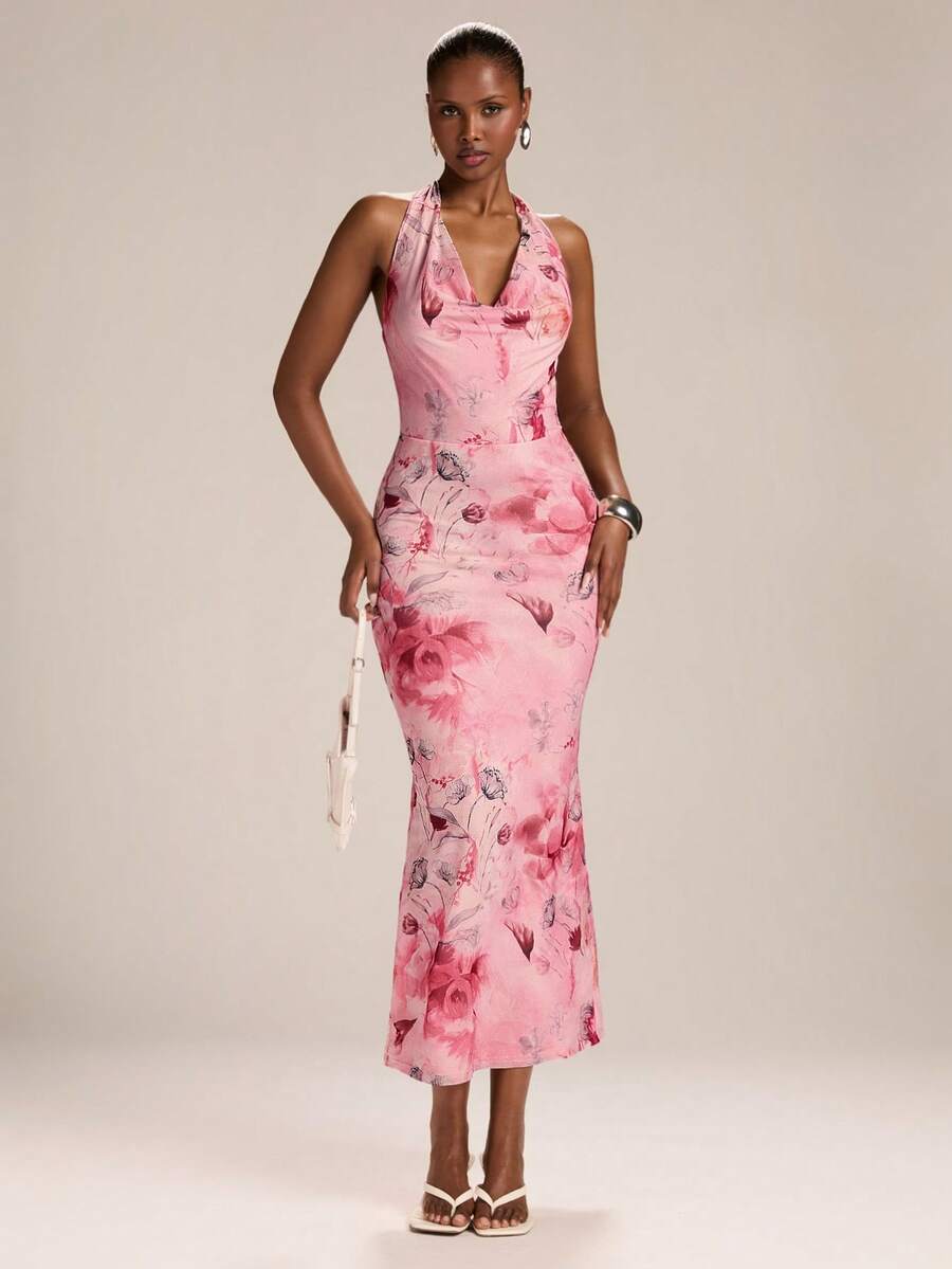 SHEIN BAE – Robe moulante à col ras-du-cou avec nœud et imprimé floral