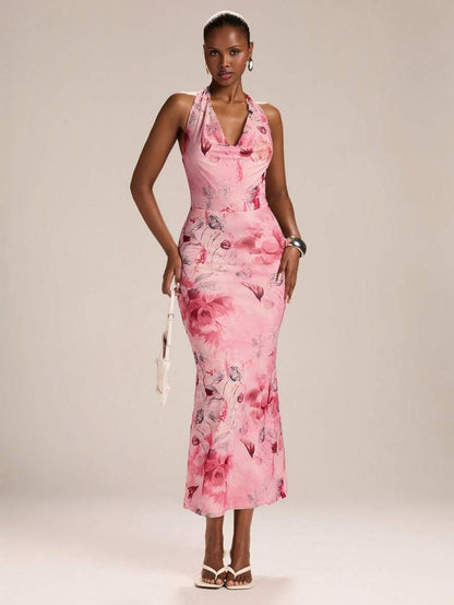 SHEIN BAE – Robe moulante à col ras-du-cou avec nœud et imprimé floral