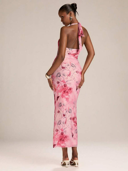 SHEIN BAE – Robe moulante à col ras-du-cou avec nœud et imprimé floral