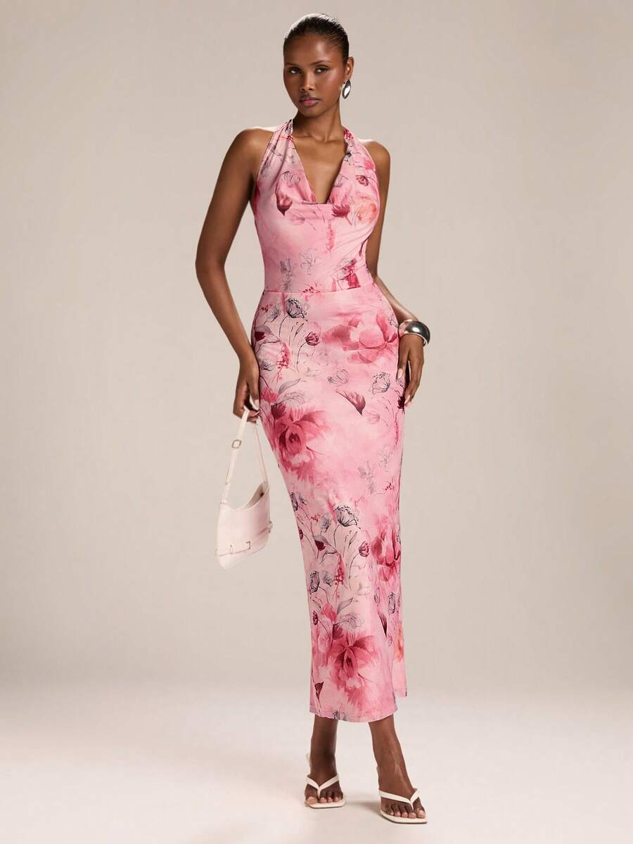 SHEIN BAE – Robe moulante à col ras-du-cou avec nœud et imprimé floral