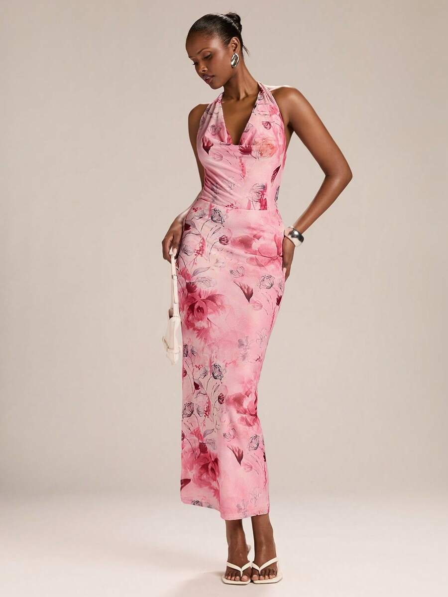 SHEIN BAE – Robe moulante à col ras-du-cou avec nœud et imprimé floral