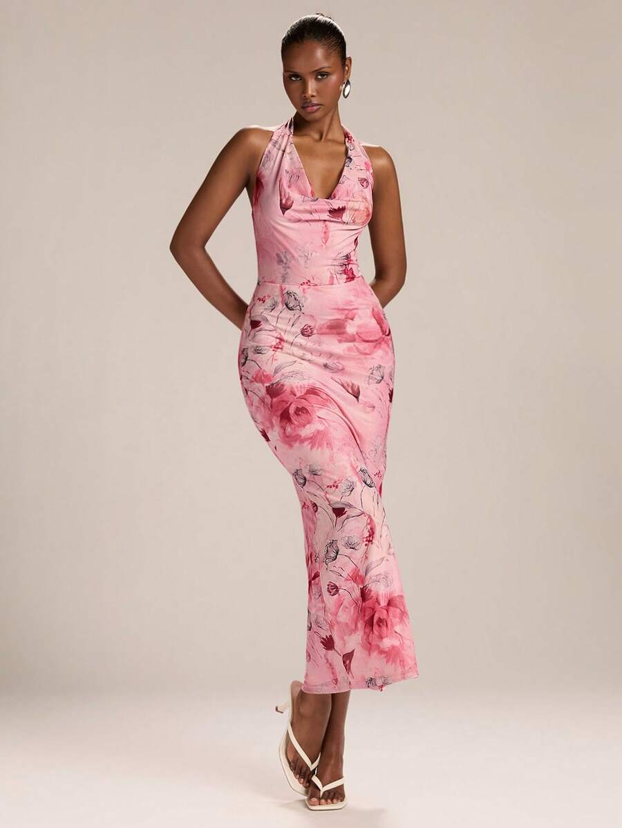 SHEIN BAE – Robe moulante à col ras-du-cou avec nœud et imprimé floral