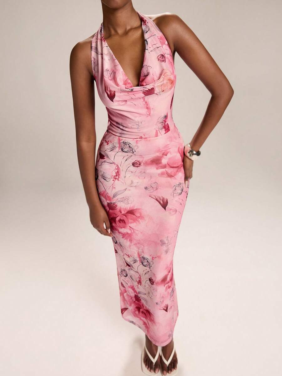 SHEIN BAE – Robe moulante à col ras-du-cou avec nœud et imprimé floral