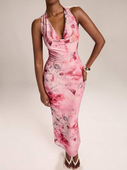 SHEIN BAE – Robe moulante à col ras-du-cou avec nœud et imprimé floral