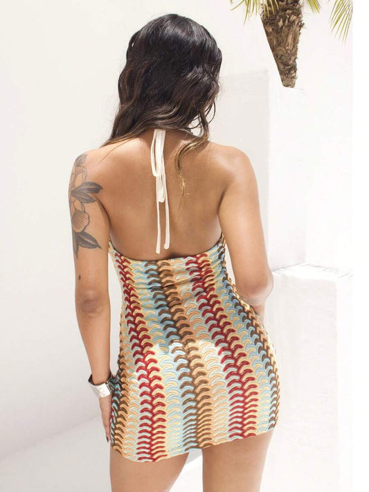 Rayane Ketlyn – Robe mini en tricot jacquard à col en V et dos nu