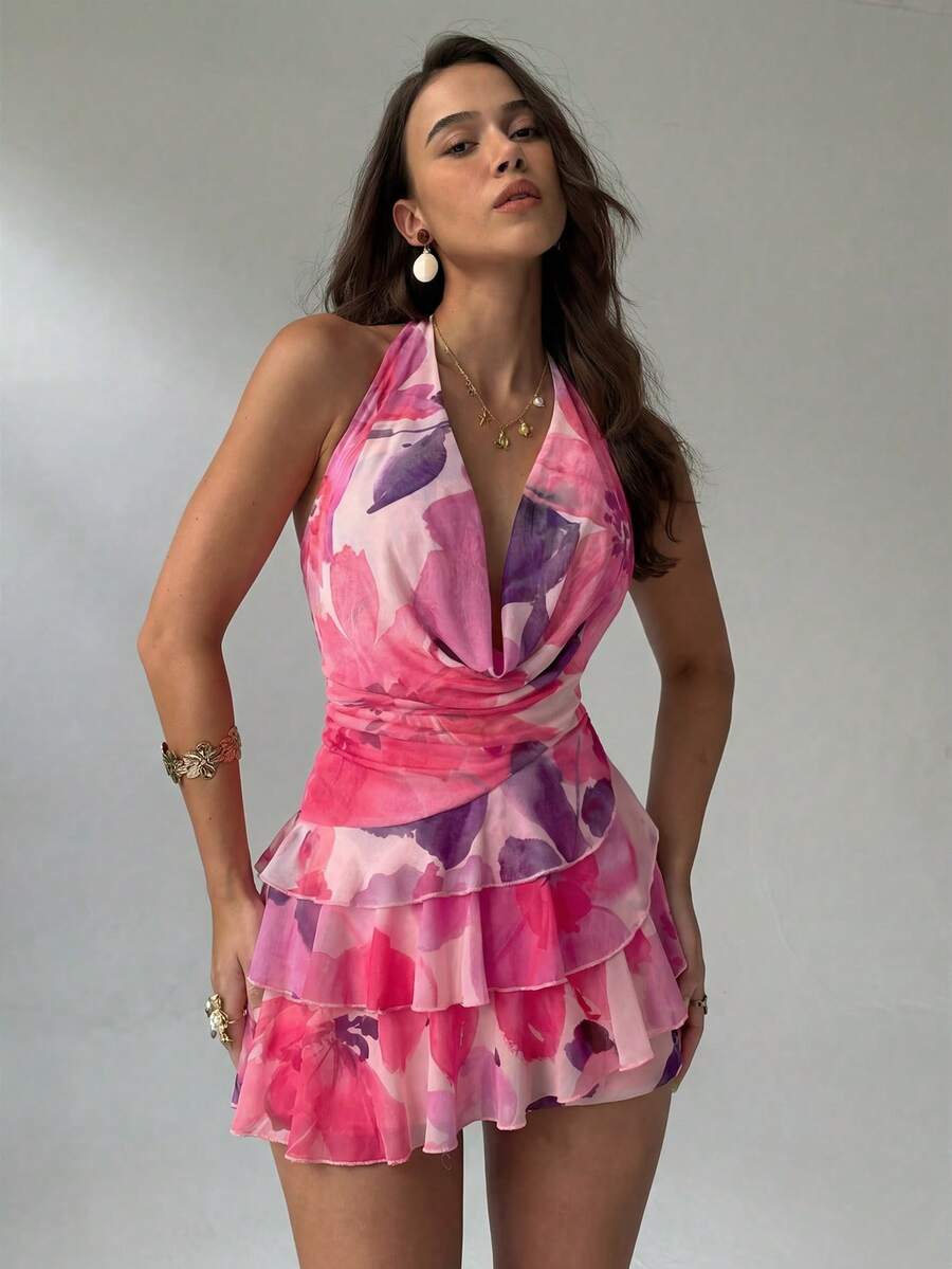 Aloruh – Robe mini à col ras-du-cou en tissu léger avec imprimé floral