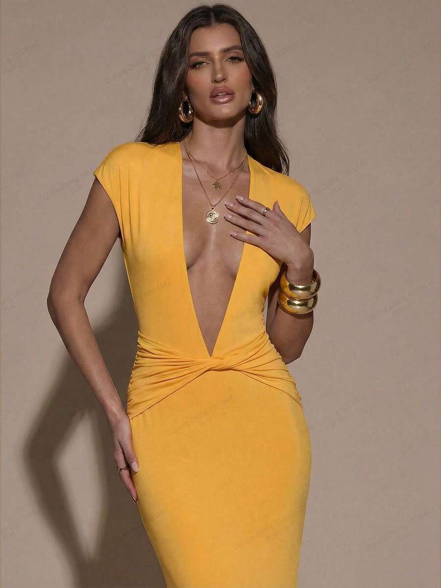 SHEIN BAE – Robe moulante à col V et manches courtes pour événements estivaux