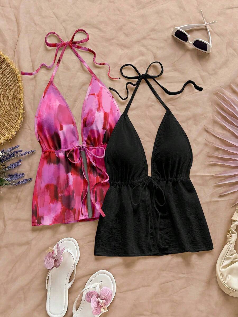 Soleia – Ensemble de hauts camisole à col ras-du-cou avec motifs texturés et unicolores