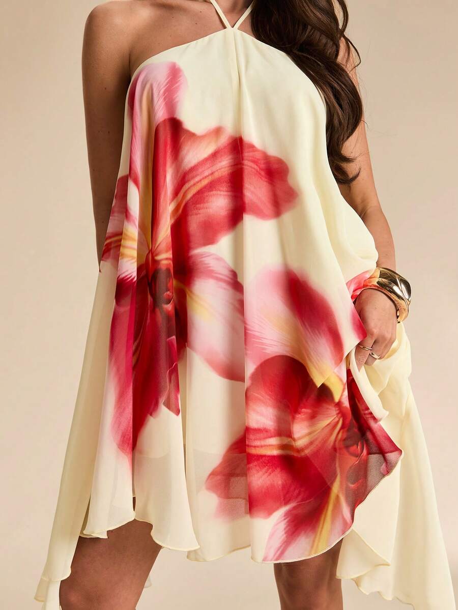 Bachina – Robe mini évasée en mousseline à col ras-du-cou et nœud
