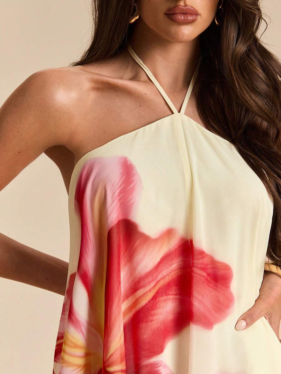 Bachina – Robe mini évasée en mousseline à col ras-du-cou et nœud